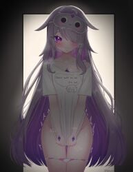 absurdres chest_jewel clothes_writing colored_inner_hair commentary cowboy_shot english_commentary female flat_chest gradient_hair grey_hair hair_flaps hair_over_one_eye hand_jewel highres hololive hololive_english jewel_under_eye koseki_bijou koseki_bijou_(pebble_pajamas) long_hair mask mask_on_head multicolored_hair no_pants official_alternate_costume paid_reward_available panties panty_pull purple_eyes purple_hair pussy_juice shirt sidelocks skirt skirt_tug sleep_mask solo straight-on swept_bangs t-shirt underwear very_long_hair virtual_youtuber white_shirt yahnuko