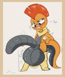 absurd_res anthro badartist balls big_balls big_penis bodily_fluids cock_vore cum cum_vore digestion generation_5_pokemon genital_fluids genitals hi_res lizard male nintendo penile penis pokemon pokemon_(species) reptile scalie scrafty solo vore