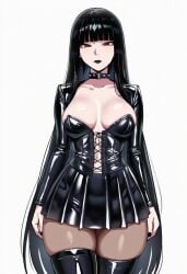 ai_generated black_choker black_hair black_lips black_nails blunt_bangs breasts choker collar collarbone cowboy_shot cuckold dress female goth_fashion large_breasts latex lipstick long_hair looking_at_viewer makeup nail_polish navel netorare pantyhose red_eyes shiny_clothes simple_background skindentation solo thighhighs thighs very_long_hair white_background zeulzin