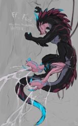 2_penises animal_genitalia animal_penis bai_(laobai) bodily_fluids claws closed_eyes cum dialogue dragon ejaculation feral genital_fluids genitals grabbing_sheets harness hemipenes hi_res horn laobai male multi_genitalia multi_penis mythological_creature mythological_scalie mythology penis profanity scalie solo spines tail throbbing throbbing_penis tremble_spikes unusual_anatomy unusual_genitalia unusual_penis