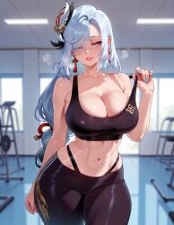 1girls ai_generated alternate_costume aqua_nails balecxi bangs bare_arms bare_shoulders black_panties black_pants black_sports_bra blue_eyes blue_nails blurry_background blush bra braid braided_ponytail breasts cleavage clothing collarbone cowboy_shot crop_top curvaceous curvaceous_female curvaceous_figure curvy curvy_figure earrings eyes_visible_through_hair female female_focus female_only genshin_impact grey_hair gym gym_clothes gym_uniform hair_ornament hair_over_one_eye heavy_breathing highleg highleg_panties indoors inviting inviting_to_sex jewelry large_breasts lips long_hair looking_at_viewer midriff nail_polish navel panties pants panty_straps parted_lips presenting presenting_ass presenting_breasts presenting_hindquarters presenting_self seductive seductive_look seductive_smile shenhe_(genshin_impact) skindentation smile solo sports_bra sportswear standing stomach strap_pull sweat tassel tassel_earrings thick_thighs thighs underwear very_long_hair voluptuous voluptuous_female white_hair wide_hips yoga_pants