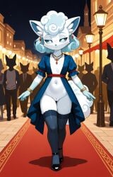 1girls 2026 ai_generated alolan_vulpix anthro blue_eyes blue_fur bracelet crowd digitigrade dress ear_piercing fancy_clothing female female_only flat_chest generation_7_pokemon gold_jewelry half-closed_eyes hi_res high_heels inner_ear_fluff innie_pussy jewelry night nintendo nipple_slip nipples pink_nipples pokemon pokemon_(species) pussy red_carpet regional_form_(pokemon) short_hair thighhighs unamused vulpix walking white_fur white_hair zonoya_(artist)