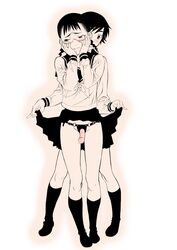 2girls blush embarrassed female footwear glasses gusu multiple_girls original pink school_uniform serafuku short_hair skirt skirt_lift socks straight_hair strap-on strap-on_under_skirt yuri