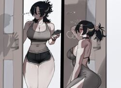 1girls ass bare_arms bare_legs bare_shoulders bare_thighs big_ass big_breasts big_butt black_hair blush clothed clothing color english_text female female_focus female_only fit_female hi_res kneeling large_breasts light-skinned_female light_skin long_hair on_knees original_character ratatatat74 solo solo_female tagme text thick_thighs
