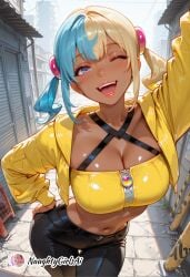 ai_generated black_pants blonde_hair blue_eyes blue_hair blush breasts canari_(pokemon) canary_(pokemon) cleavage criss-cross_halter dark-skinned_female dark_skin female hair_ornament halterneck hand_on_own_hip jacket large_breasts leaning_forward looking_at_viewer multicolored_hair naughtygirlsai navel one_eye_closed open_mouth outdoors pants pokemon smile solo teeth twintails two-tone_hair yellow_jacket