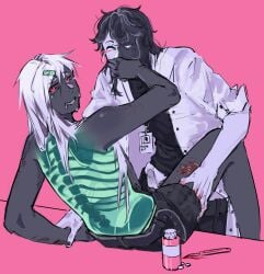 1boy 1x1x1x1_(forsaken) 2d betrayed_1x1x1x1 blade chfia clothing cuts_on_thighs female forsaken_(roblox) hand_over_mouth noli_(forsaken) patient penis penis_out piercings psychiatrist red_eyes roblox roblox_game robloxian self_upload shushing tagme transparent_body white_hair zipper_mouth