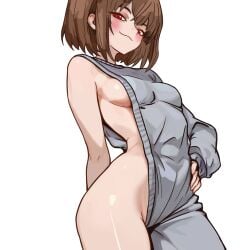 1girl artlongon bare_shoulders blush blushing bob_cut brooklyn_sweater brown_hair chara chara_(undertale) evil_smirk fair_skin female female_only from_side gray_clothing hand_on_hip hand_on_own_hip legs looking_at_viewer no_underwear pale_skin partially_dressed profile red_eyes rosy_cheeks short_hair side_view simple_background smirk smug smug_face solo solo_female standing suggestive teasing teasing_smile thigh_focus undertale undertale_(series) young