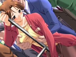 1boy 2000s_(style) between_breasts blue_suit blush braid braided_bun breasts brown_eyes brown_hair brown_skirt cardigan collarbone collared_shirt cowboy_shot crowded curtained_hair dutch_angle female game_cg grabbing_another's_breast grabbing_from_behind grey_neckerchief groping hair_bun hand_up holding holding_pole huge_breasts long_sleeves looking_back m&m_(mickey_and_mackey) mori_misato_(saishuu_chikan_densha) neckerchief open_cardigan open_clothes pink_cardigan pole saishu_chikan_densha_(series) saishuu_chikan_densha shirt skirt standing suit sweat third-party_source train_interior variant_set very_low_bun white_shirt yellow_shirt