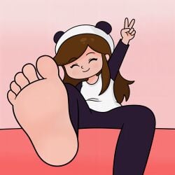 1girls absurdres adorable adorable_girl artist_request barefoot brunette brunette_hair chillypanda cute cute_female cute_female_feet eyes_closed feet feet_up female_focus female_only foot_fetish foot_focus foot_play foot_worship happy highres hoodie long_hair panda_hood peace_sign pink_background presenting_feet showing_feet smiling smiling_at_viewer soles soles_fetish solo_female toes youtube youtuber youtuber_girl youtuber_sona