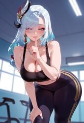 1girls ai_generated alternate_costume aqua_nails balecxi bangs bare_arms bare_shoulders bent_over black_pants black_sports_bra blue_eyes blue_nails blurry_background blush bra braid braided_ponytail breasts cleavage closed_mouth clothing collarbone crop_top curvaceous curvaceous_female curvaceous_figure curvy curvy_figure earrings female female_focus finger_to_mouth genshin_impact gym gym_clothes gym_uniform hair_ornament hair_over_one_eye hand_on_own_knee highleg highleg_panties index_finger_raised indoors jewelry large_breasts leaning_forward leggings lips long_hair looking_at_viewer makeup midriff nail_polish navel panties pants panty_straps shenhe_(genshin_impact) shushing smile solo sports_bra sportswear stomach tassel tassel_earrings thick_thighs thighs tight_pants underwear voluptuous voluptuous_female white_hair yoga_pants
