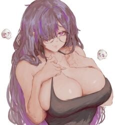 bare_shoulders black_hair breasts ceevapi cleavage colored_inner_hair female goddess_of_victory:_nikke hair_over_one_eye label_(nikke) long_hair looking_at_viewer messy_hair off_shoulder pierced_nipples purple_eyes purple_hair solo