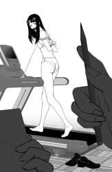 black_and_white closed_mouth drawing eizouken_ni_wa_te_wo_dasu_na! feet glasses half_naked kanamori_sayaka kidetic kusujinn schoolgirl tied tied_arms treadmill walking
