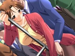 1boy 2000s_(style) between_breasts blue_suit blush braid braided_bun breasts brown_eyes brown_hair brown_skirt cardigan collarbone collared_shirt cowboy_shot crowded curtained_hair dutch_angle female fingering fingering_through_clothes game_cg grey_neckerchief hair_bun hand_up holding holding_pole huge_breasts long_sleeves looking_back m&m_(mickey_and_mackey) mori_misato_(saishuu_chikan_densha) neckerchief open_cardigan open_clothes pink_cardigan pole raised_inner_eyebrows saishu_chikan_densha_(series) saishuu_chikan_densha shirt skirt standing suit sweat third-party_source through_clothes train_interior variant_set very_low_bun white_shirt yellow_shirt