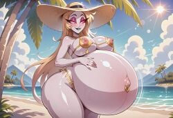 ai ai_art ai_generated beach blue_sky detailed_background female hands_on_belly hands_on_own_belly hands_on_own_stomach hands_on_stomach hazbin_hotel hellaverse holding_belly holding_stomach huge_belly huge_breasts hyper_pregnancy lilith_morningstar_(hazbin_hotel) looking_at_viewer massive_outie_navel morning not_furry on_model outie_navel outside palm_tree pinup pose pregnant sand seaside seductive seductive_smile shore smile solo standing summer_hat sun v_arms venus_bikini white_clouds wide_hips