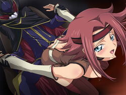 1boy 1girls arms_behind_back blue_eyes breasts censored code_geass elbow_gloves female from_behind gloves human kallen_stadtfeld male open_clothes open_shirt pussy_juice red_hair sex shirt short_hair straight sweat thighhighs yamagarasu zero_(code_geass)