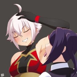 2girls ahoge alternate_costume armpit_licking armpits bakushin_o_armpit_gif_(meme) blush closed_eyes dana_zane female/female female_only finalcake julianne_stingray licking purple_hair tongue twintails va-11_hall-a white_hair wrestler wrestling_outfit yuri