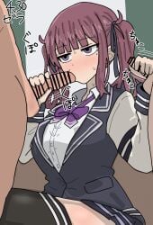 a.i._voice blush bow bowtie braid cevio commentary_request fellatio highres masturbation natsuki_karin oral purple_bow purple_bowtie purple_eyes sweatdrop twintails voiceroid zera17140813 zera20200532