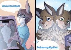 2d_animation animated animated_comic anthro balls canid canine comic dialogue electronics female genitals lagomorph leporid lindablood male male/female mammal nude penis phone rabbit shy solo