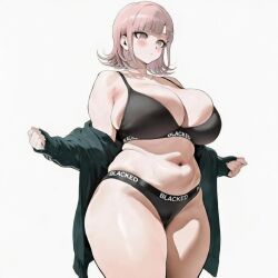 ai_generated big_breasts black_panties blacked blacked_clothing bra breasts curvy danganronpa danganronpa_2:_goodbye_despair hoodie huge_breasts kyoko_chan3 nanami_chiaki panties pink_eyes pink_hair short_hair snowbunny thick tummy underwear underwear_only white_background wide_hips