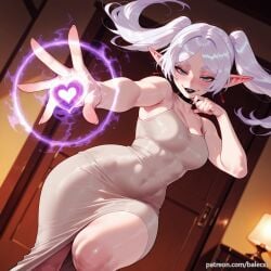 ai_generated alternate_costume balecxi black_choker black_lips breasts covered_navel earrings elf female frieren frieren_beyond_journey's_end green_eyes heart indoors jewelry long_hair looking_at_viewer magic makeup patreon_username pointy_ears smile solo thick_thighs twintails white_dress white_hair wide_hips