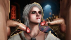 1girls 2boys 3d cd_projekt_red ciri cum cum_in_mouth cum_on_face cumshot female freckles freckles_on_face gloves green_eyes light-skinned_female light-skinned_male light_skin looking_at_viewer male mascara penis penis_grab ratounador scar testicles the_witcher_(series) the_witcher_3:_wild_hunt white_hair witcher_medallion