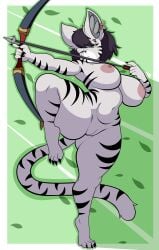 4_toes absurd_res anthro armband arrow_(weapon) bethesda_game_studios big_breasts black_hair bow_(weapon) breasts ear_piercing ear_ring feet felid female genitals green_eyes hair hi_res jewelry khajiit lya_(ixikelpos) mammal microsoft nails navel necklace nipples nude pantherine piercing ranged_weapon ring_piercing solo tail the_elder_scrolls the_elder_scrolls_online tiger toes vulva weapon xdragoncam