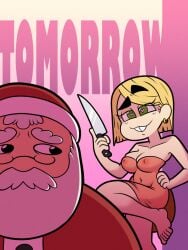 beard blonde_hair buckteeth christmas christmas_clothing christmas_outfit ear_ring english_text glasses green_eyes hand_on_hip heart_eyes hennah holding_knife knife muyhiram nipples one_eyebrow_raised pink_background santa santa_claus see-through see-through_clothes see-through_clothing see-through_dress smiling white_hair