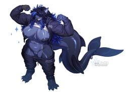 abs anthro areola barbell_piercing breasts claws female fin genitals hair hi_res marine muscular muscular_anthro muscular_female nipple_piercing nipples non-mammal_breasts piercing plna quads solo stocky tail tail_fin tongue tongue_out vulva