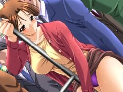 1boy 2000s_(style) between_breasts blue_suit blush braid braided_bun breasts brown_eyes brown_hair brown_skirt cardigan chikan clothes_lift collarbone collared_shirt cowboy_shot crowded curtained_hair dutch_angle exhibitionism female game_cg grey_necktie hair_bun hand_up holding holding_pole huge_breasts large_variant_set long_sleeves looking_back m&m_(mickey_and_mackey) molestation mori_misato_(saishuu_chikan_densha) necktie open_cardigan open_clothes panties pink_cardigan pole public_indecency public_nudity purple_panties raised_inner_eyebrows saishu_chikan_densha_(series) saishuu_chikan_densha shirt skirt skirt_lift standing suit sweat third-party_source train_interior underwear variant_set very_low_bun white_shirt yellow_shirt