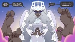 1girls absurdres angel angel_girl angel_wings barefoot best_feet big_breasts clouds dark-skinned_female dialogue dialogue_bubble disembodied_feet disembodied_foot feet feet_up female_focus female_only foot_fetish foot_focus foot_play foot_worship freckles funny halo hazbin_hotel heaven heavenly_feet highres nasiri_(artist) night_sky paradise sera_(hazbin_hotel) several_feets soles soles_fetish solo_female stars toes unamused vivziepop white_hair white_toenail_polish