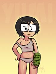 areola_slip areolae black_hair bra_slip bra_strap broken_arm english_text female_only glasses gradient_background medium_breasts muyhiram orange_background panties scratching scratching_butt short_hair tired tired_look yellow_background yumi_(muyhiram)