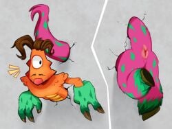 bbli$zard brown_hair facial_hair l3on_art1st lizard_humanoid male male_focus male_only my_singing_monsters orange_body pink_fur self_upload stuck stuck_in_wall surprised_expression