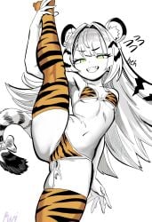 animal_ear_fluff animal_ears animal_print bikini breasts cum cumdrip female flying_sweatdrops green_eyes grin highres ju_fufu kunitoro_(artist) long_hair print_bikini print_thighhighs small_breasts smile solo split standing standing_on_one_leg standing_split swimsuit tail thighhighs tiger_ears tiger_print tiger_tail zenless_zone_zero
