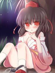 beige_skin black_hair black_panties blush bow bow_panties breasts cleavage clothes color convenient_leg cum female female_only hair hat japanese_clothes kimono night outdoors panties panties_around_one_leg red_eyes ry shameimaru_aya short_hair side-tie_panties sitting solo tokin_hat touhou underwear untied yukata