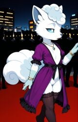 1girls 2026 ai_generated alolan_vulpix anthro blue_eyes blue_fur bracelet city crowd digitigrade dress ear_piercing fancy_clothing female female_only flat_chest generation_7_pokemon gold_jewelry half-closed_eyes hi_res inner_ear_fluff innie_pussy jewelry night nintendo nude_underneath open_mouth pokemon pokemon_(species) pussy red_carpet regional_form_(pokemon) short_hair side_view thighhighs vulpix walking white_fur white_hair zonoya_(artist)