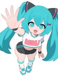 aqua_eyes aqua_hair aqua_nails cropped_shirt hatsune_miku highres hochihochiha hochihochihavocaloid leotard long_hair looking_at_viewer simple_background smile smiling_at_viewer sneakers socks twintails underboob viewed_from_above waving waving_at_viewer white_background