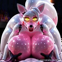 1girl1boy ai_generated all_fours animatronic animatronic_female big_breasts black_eyeshadow breast_press breasts breasts_bigger_than_head breasts_grab breasts_out enormous_breasts fnaf fnaf2_location fnaf_2 furry furry_female furry_only furry_tail holding_breast huge_breasts large_breasts lipstick looking_at_viewer male_pov mangle_(fnaf) on_ground on_top_of_viewer pink_fur questionableaistuff red_cheeks red_lipstick robot_joints snout two-tone_fur white_body yellow_eyes