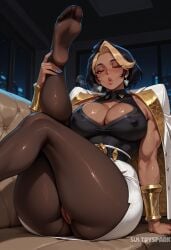 ai_generated artist_name ass belt black_hair blizzard_entertainment blonde_hair blue_nails blush breasts brown_eyes brown_pantyhose cleavage cleavage_cutout clothing_cutout couch covered_nipples dark-skinned_female dark_skin domina earrings feet female foot_out_of_frame futarush heart indoors jacket jacket_on_shoulders jewelry large_breasts leg_up lips looking_at_viewer multicolored_hair muscular muscular_female no_panties no_shoes on_couch overwatch overwatch_2 pantyhose patreon patreon_username puckered_lips pussy short_hair sitting skirt soles solo sultryspark thick_thighs thighs toes vaira_singhania white_skirt