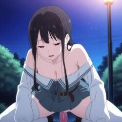 1girls ai_generated bare_shoulders belt beyond_the_boundary blunt_bangs breasts bush cleavage collarbone detached_sleeves dildo dildo_riding dress female full_body huge_dildo imminent_penetration lipstick long_sleeves looking_at_viewer makeup medium_breasts nase_mitsuki night no_panties off-shoulder_dress outdoors pleated_dress pussy sex_toy shoes smile solo spread_legs strapless strapless_dress tagme thighhighs video