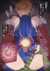 1boy after_vaginal all_fours artoria_pendragon_(fate) artoria_pendragon_(lancer)_(fate) bare_shoulders blonde_hair bridal_gauntlets cape clothing_aside colored_skin commentary_request cum cum_filled fate/grand_order fate_(series) female fertilization filled_to_the_brim filled_uterus filled_womb from_behind glowing glowing_eyes goblin goblin_male green_skin grin heart heart-shaped_pupils highres impregnation interspecies interspecies_impregnation leotard leotard_aside looking_at_viewer looking_back nya6ome nyarome_(myerobox) ovum smile speech_bubble spiked_penis sweat symbol-shaped_pupils uterus x-ray