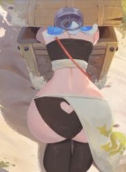 1girls absurdres all_fours ass ass_cutout ass_focus back beach bikini black_bikini black_thighhighs black_tube_top blue_hair butt_crack clothing_cutout dimples_of_venus female female_focus from_behind heart_cutout highres median_furrow nintendo octoling octoling_girl outdoors sand sarashi sarong shiver_(splatoon) shiver_hohojiro solo solo_female splatoon splatoon_(series) splatoon_raiders strapless stuck stuck_in_a_box stuck_in_object swimsuit tentacle_hair thighhighs treasure_chest tube_top white_sarong zhang_tian57284