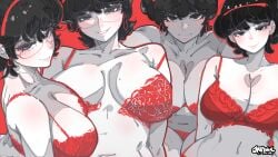 1girls absurdres artist_name black_eyes black_hair bra breasts cleavage closed_mouth commentary earrings english_commentary female female_only front-hook_bra glasses hairband highres jewelry jrpencil large_breasts looking_at_viewer mole mole_on_breast multiple_views open_bra original panties parted_lips raised_inner_eyebrows red_background red_bra red_hairband red_panties seductive_smile short_hair simple_background smile underwear underwear_only unfastened