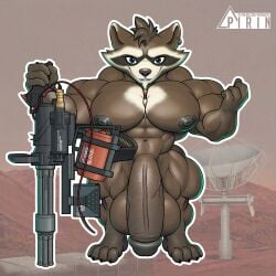 1:1 anthro balls beard big_balls big_muscles big_penis black_eyes black_nose brown_body brown_fur claws digital_drawing_(artwork) digital_media_(artwork) ear_piercing ear_ring facial_hair fist fur genitals guardians_of_the_galaxy hi_res holding_object holding_weapon huge_balls huge_cock huge_muscles humanoid_genitalia humanoid_penis hyper hyper_balls hyper_genitalia hyper_penis looking_at_viewer male mammal marvel mohawk muscular muscular_male nipples nude pecs penis photo_background photography_(artwork) piercing pirin-apex procyonid raccoon ring_piercing rocket_raccoon smile solo standing weapon