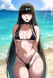 ai_generated arms_behind_back bare_shoulders beach bikini black_bikini black_choker black_hair black_lips blue_sky blunt_bangs breasts choker cloud collar collarbone cowboy_shot cross_earrings cuckold day earrings female highleg highleg_bikini jewelry lipstick long_hair looking_at_viewer makeup medium_breasts micro_bikini navel netorare ocean outdoors red_eyes sky smile solo stomach swimsuit thighs very_long_hair water wide_hips zeulzin