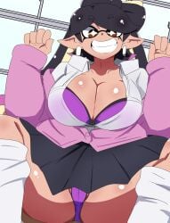 1girl 1girls big_breasts black_skirt bra bra_peek bra_visible_through_clothes breasts brown_eyes callie_(splatoon) cardigan chicken_rib cleavage earrings gyaru huge_breasts inkling large_breasts long_hair looking_at_viewer loose_socks mole mole_under_eye multicolored_hair nintendo panties pantyshot partially_unbuttoned pink_cardigan pointy_ears purple_bra purple_panties school_uniform shiny_skin skirt socks solo solo_female solo_focus splatoon splatoon_(series) splatoon_1 spread_legs tentacle_hair two-tone_hair underwear white_socks