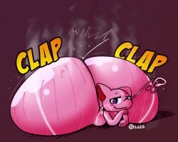 2026 absurd_res ass ass_clapping bedroom_eyes big_butt bodily_fluids feral generation_1_pokemon gesture glowing glowing_markings hi_res huge_butt hyper hyper_butt legendary_pokemon looking_at_viewer lying male markings mew_(pokemon) musk mythical_pokemon narrowed_eyes nintendo on_front onomatopoeia pokemon pokemon_(species) purple_eyes seductive signature solo sound_effects steam suggestive suggestive_gesture sweat text umbrakinetic