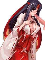 1boy 1girls balls ballsack blowjob blue_eyes blush breasts bubble censored cum cum_in_mouth cum_on_body cum_on_breasts cum_on_clothes cum_on_hair cum_on_hakama cum_on_skirt cum_on_upper_body erection facial fellatio female female_focus hakama headband japanese_clothes long_hair male mosaic_censoring nipple_slip nipples oral oral_sex partial_male penis queen's_blade saiki_keita scrotum simple_background straight testicles tomoe white_background