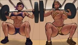 2girls arms_up beuto bicolored_hair big_breasts big_nipples bikini bikini_top bimbo breasts breasts_bigger_than_head brown_eyes brown_hair brown_nipples brown_skin brunette_hair covered_nipples covering_mouth dark-skinned_female dark_skin domina female female_only gold_jewelry gym huge_breasts indian indian_female large_breasts makeup mexican mexican_female mommy muscles muscular muscular_female overflowing_breasts overwatch overwatch_2 overwatchsombra purple_lipstick seductive_eyes seductive_look shiny_skin short_hair solo solo_female sombra tagme thick vaira_singhania weightlifting