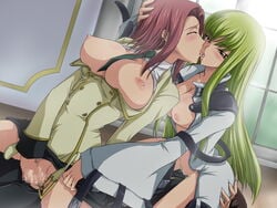 2girls aquamu between_breasts bisexual breasts c.c. censored code_geass cunnilingus facesitting female green_hair group_sex human kallen_stadtfeld large_breasts long_hair male multiple_girls necktie necktie_between_breasts nipples open_clothes open_shirt oral red_hair reverse_spitroast sex shirt short_hair sitting sitting_on_person straddle straight sweat threesome tongue vaginal_penetration yamagarasu yellow_eyes