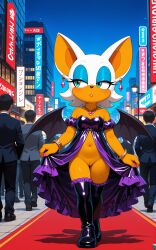1girls 2026 ai_generated anthro bare_shoulders bat blue_eyes bracelet city crowd dress dress_lift ear_piercing eyeshadow fancy_clothing female female_only gold_jewelry half-closed_eyes hi_res high_heel_boots innie_pussy jewelry necklace night no_panties pussy red_carpet rouge_the_bat sega sonic_(series) sonic_the_hedgehog_(series) walking white_fur wings zonoya_(artist)